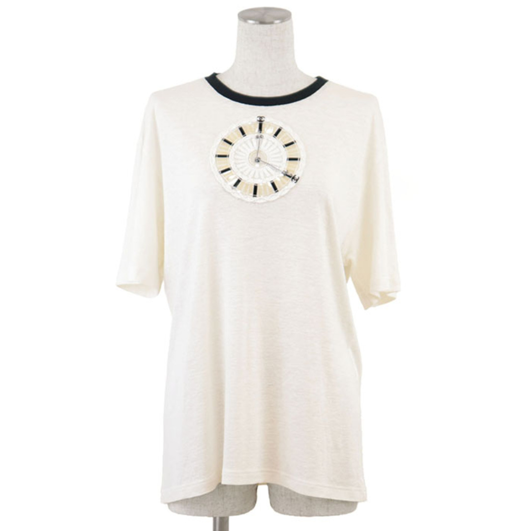 CHANEL - 【美品】CHANEL シャネル Tシャツ P62662 COCOマーク ロゴ モノグラム 時計 モチーフ リネン混 麻 ラウンドネック カットソー レディース サイズ 42 オフホワイト ブラック 黒 イタリア製