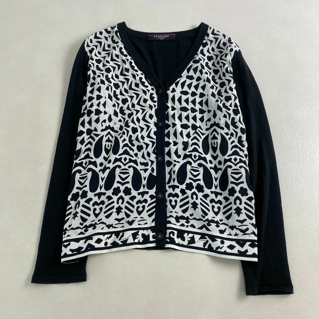 LEONARD - レオナール カーディガン 総柄 シルク 綿 黒白 L LEONARD - レオナール カーディガン 総柄 シルク 綿 黒白 L