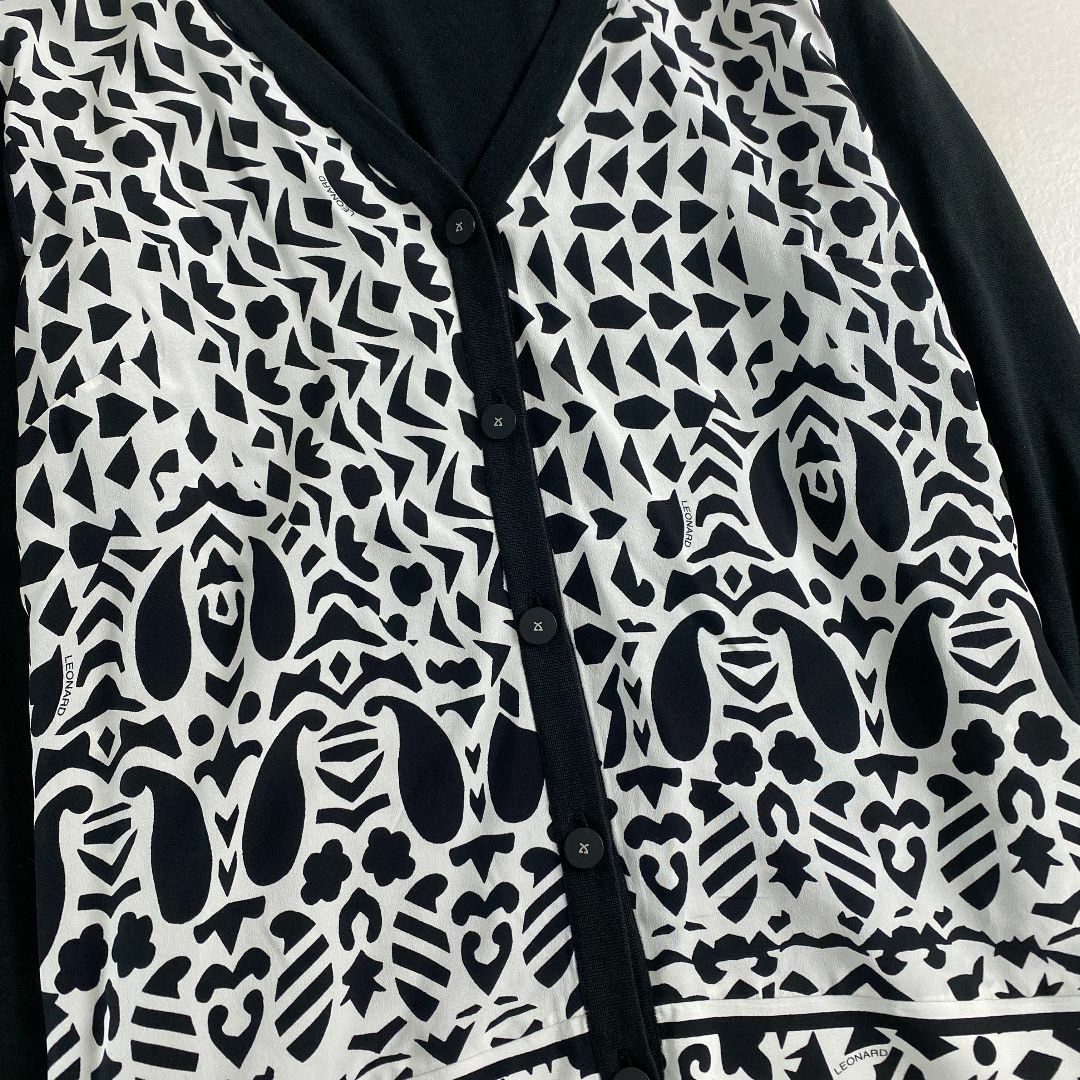 LEONARD - レオナール カーディガン 総柄 シルク 綿 黒白 L LEONARD - レオナール カーディガン 総柄 シルク 綿 黒白 L