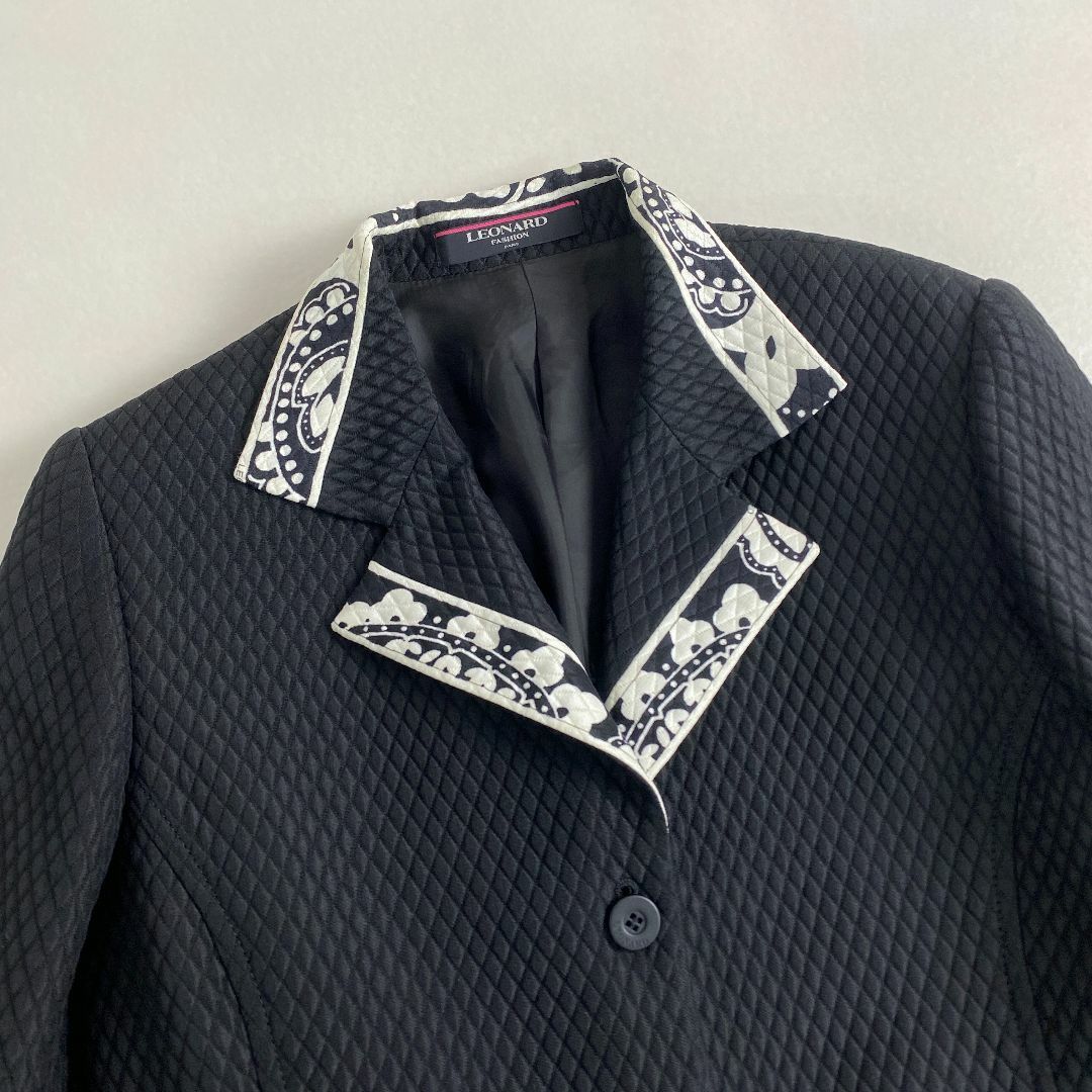 レオナール　テーラードジャケット　キルティング　ペイズリー　シルク　ウール　黒 極美品☆LEONARD FASHION レオナール ファッション ロゴボタン付