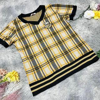 Vネックチェック柄 半袖Tシャツ　3L 大きいサイズ(Tシャツ(半袖/袖なし))