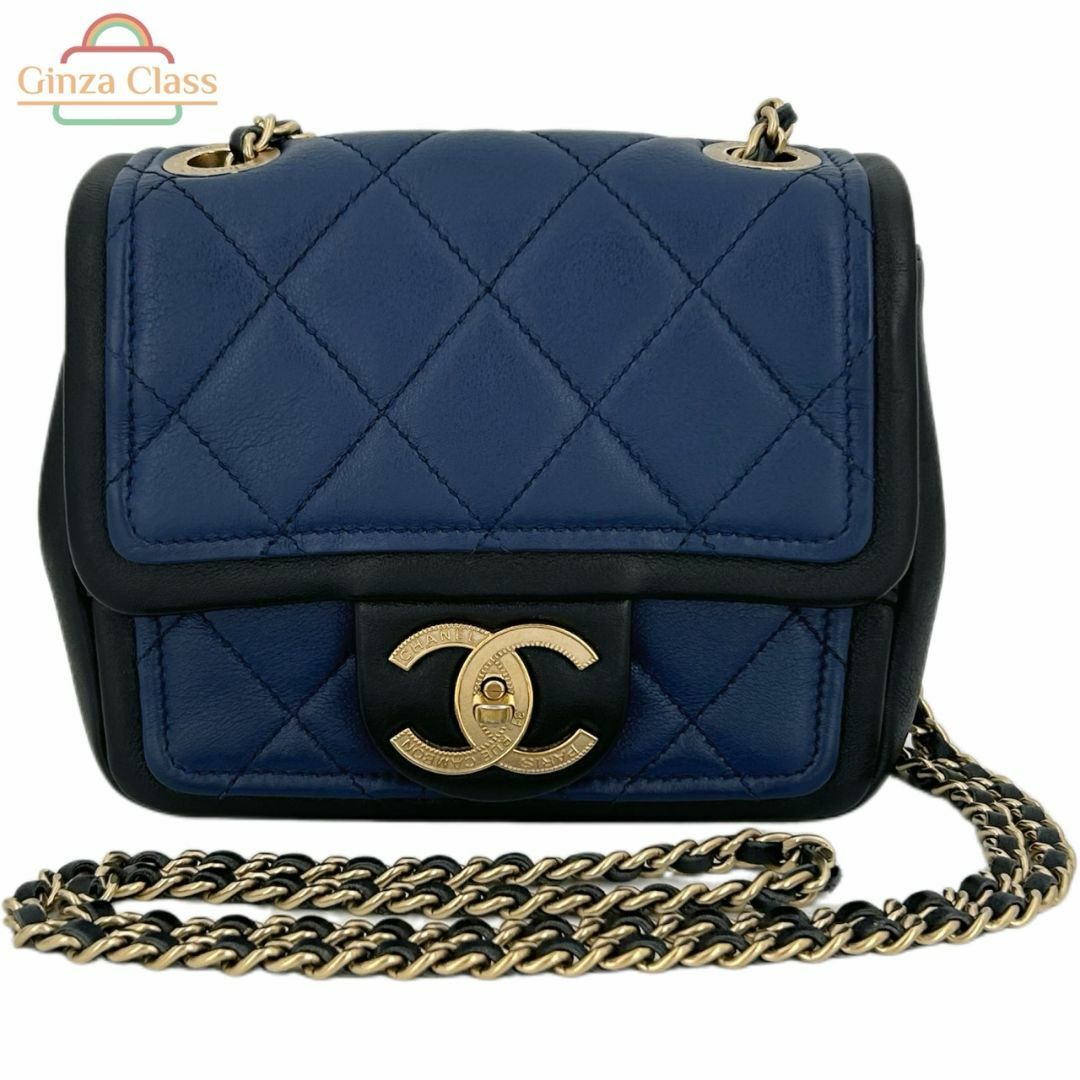 CHANEL - CHANEL シャネル ミニマトラッセ チェーン ショルダーバッグ 15cm ラムスキン ネイビー ブラック 19番台（2014年頃） ゴールド金具 ミニバッグ レディース Ginza Class Luxury Shop