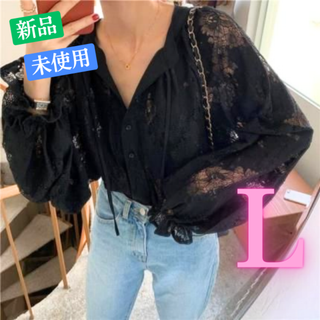 韓国 リボン 花柄 レース 刺繍 ブラウス シャツ トップス(シャツ/ブラウス(長袖/七分))