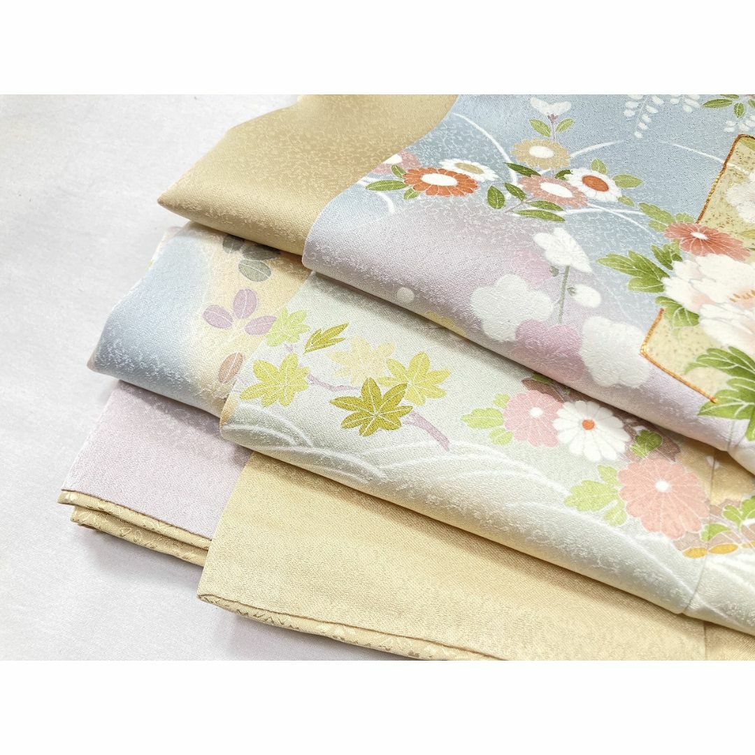 京友禅 金駒刺繍 訪問着 花柄 正絹 袷 黄色 ベージュ 淡黄 京友禅 金駒刺繍 訪問着 花柄 正絹 袷 黄色 ベージュ 淡黄