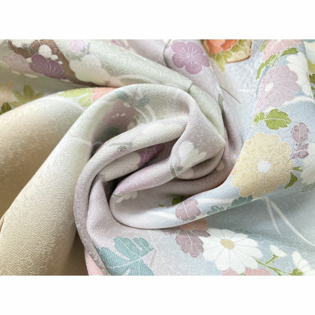 京友禅 金駒刺繍 訪問着 花柄 正絹 袷 黄色 ベージュ 淡黄 京友禅 金駒刺繍 訪問着 花柄 正絹 袷 黄色 ベージュ 淡黄