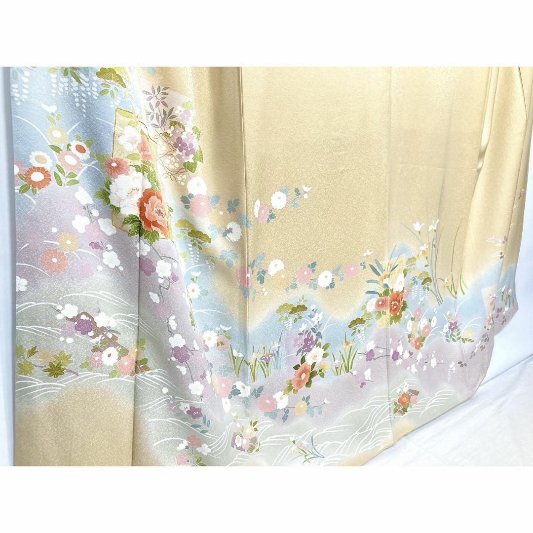 京友禅 金駒刺繍 訪問着 花柄 正絹 袷 黄色 ベージュ 淡黄 京友禅 金駒刺繍 訪問着 花柄 正絹 袷 黄色 ベージュ 淡黄