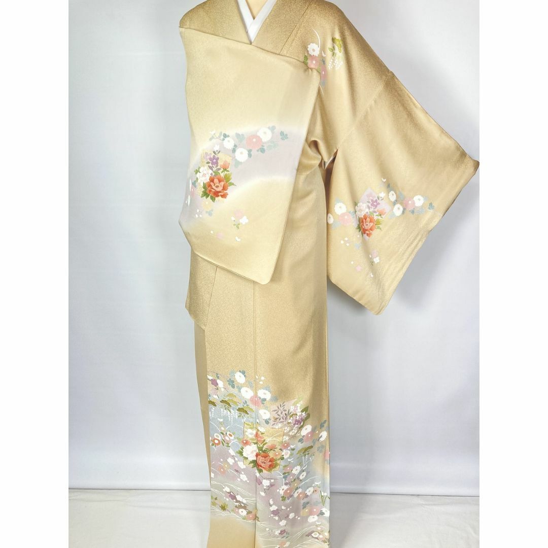 京友禅 金駒刺繍 訪問着 花柄 正絹 袷 黄色 ベージュ 淡黄 京友禅 金駒刺繍 訪問着 花柄 正絹 袷 黄色 ベージュ 淡黄