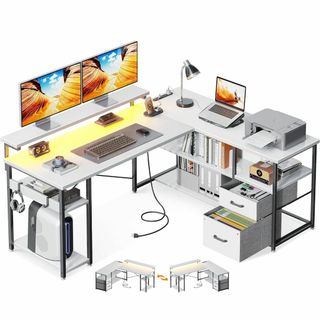 ODK パソコンデスク 引き出し付き ゲーミングデスク コンセント付き l字デス(オフィス/パソコンデスク)