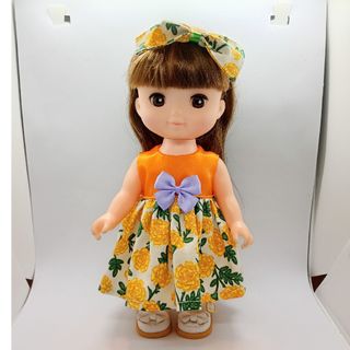 メルちゃん　ソランちゃんサイズ　オレンジのお花のワンピースとリボン14(ぬいぐるみ/人形)