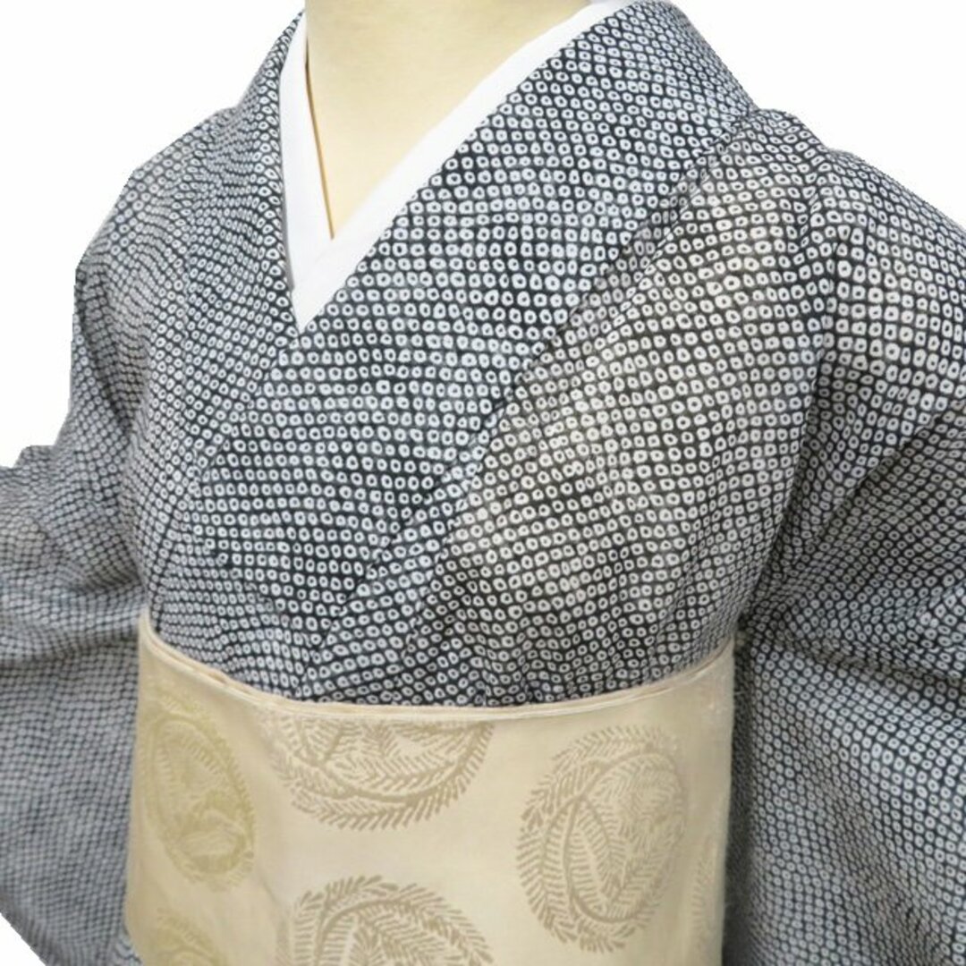 夏物 小紋 着物 中古 ポリエステル カジュアル 鹿の子模様 黒色 夏物 小紋 着物 中古 ポリエステル カジュアル 鹿の子模様 黒色