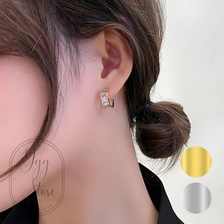 フープピアス キャッチレス ワンタッチ ジルコニア ストーン キラキラ 金銀(ピアス(両耳用))