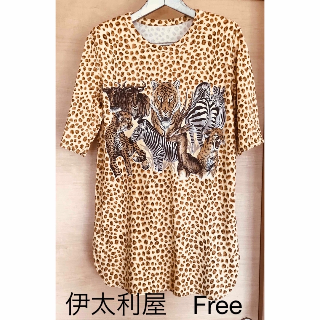 伊太利屋 - 美品/伊太利屋 ヒョウ柄半袖Tシャツ (ベージュ系 伊太利屋 - 美品/伊太利屋 ヒョウ柄半袖Tシャツ (ベージュ系