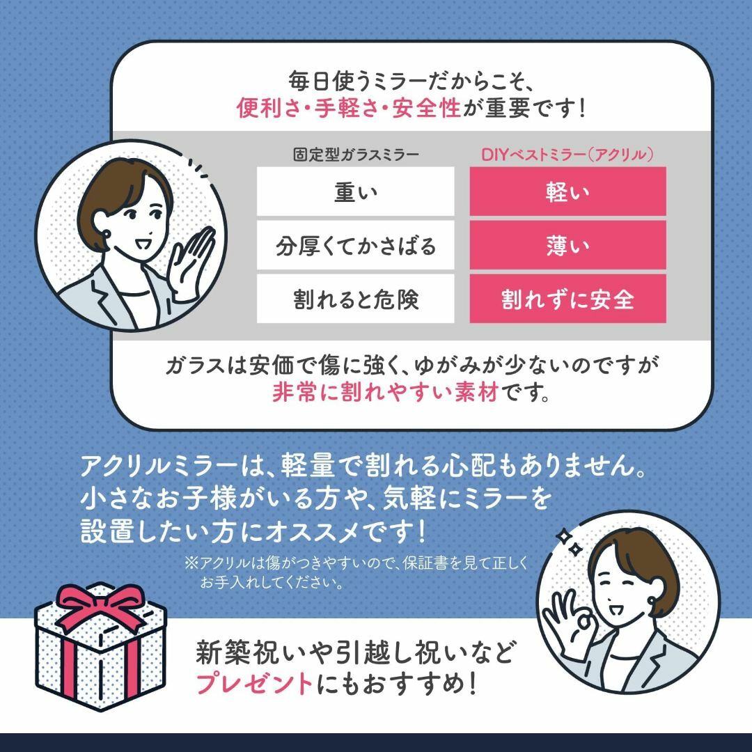 【色:4枚セット】貼る鏡 割れない 壁に貼る鏡 アクリルミラー【 どこでも貼れる インテリア/住まい/日用品のインテリア小物(壁掛けミラー)の商品写真