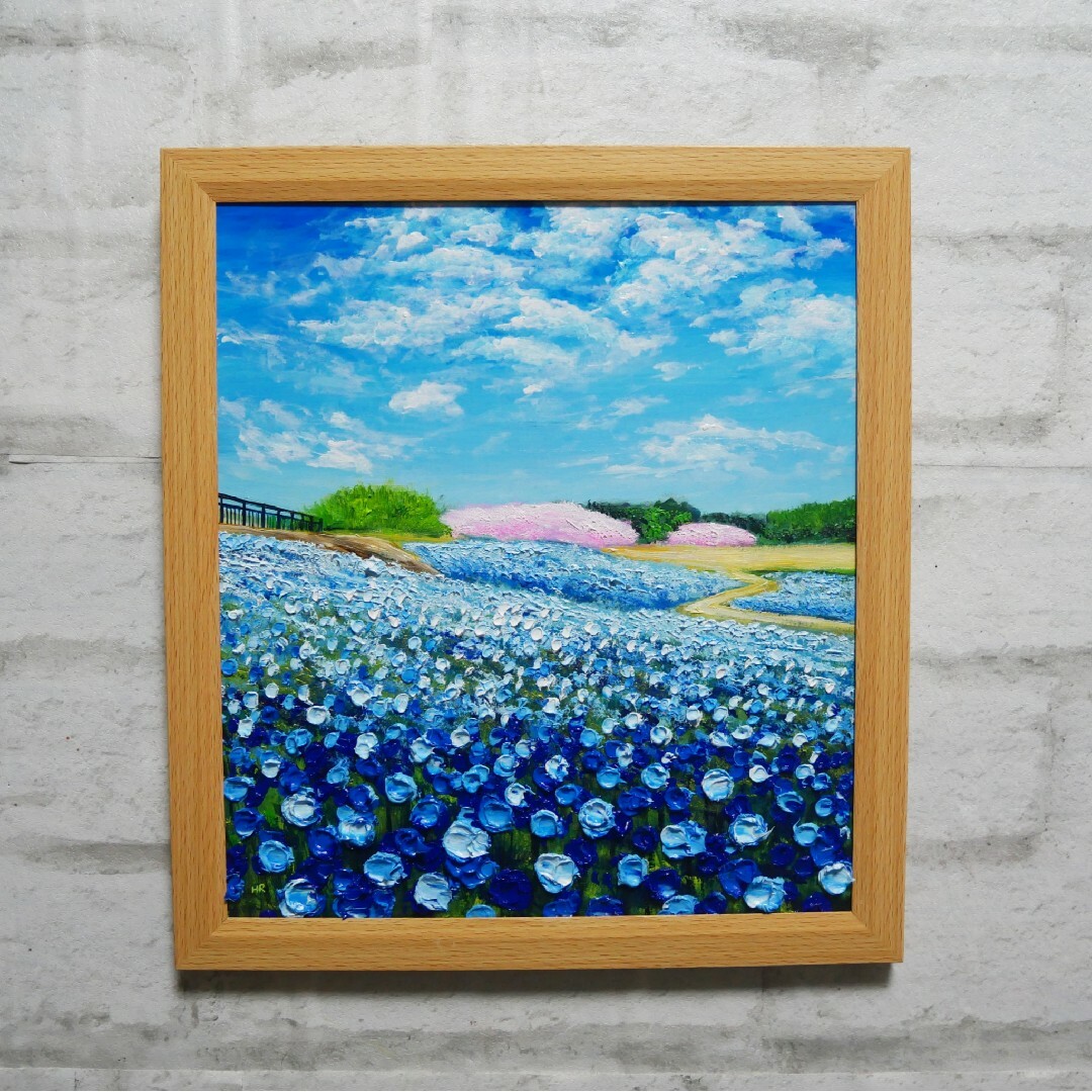 油絵 油彩 油彩画 絵 絵画 【ネモフィラと桜】の通販 by アート 油絵 油彩 油彩画 絵 絵画 【ネモフィラと桜】の通販 by アート