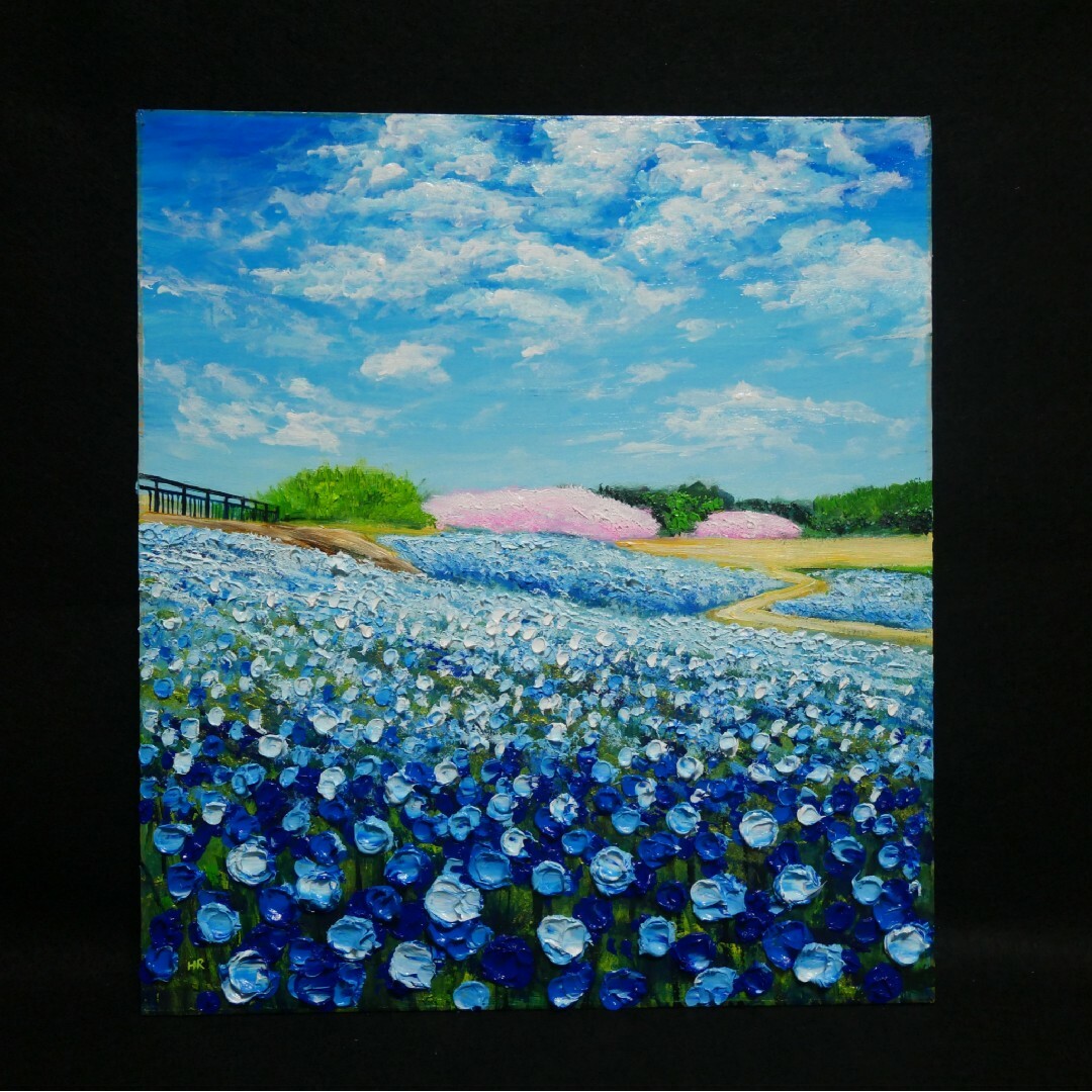 油絵 油彩 油彩画 絵 絵画 【ネモフィラと桜】の通販 by アート 油絵 油彩 油彩画 絵 絵画 【ネモフィラと桜】の通販 by アート