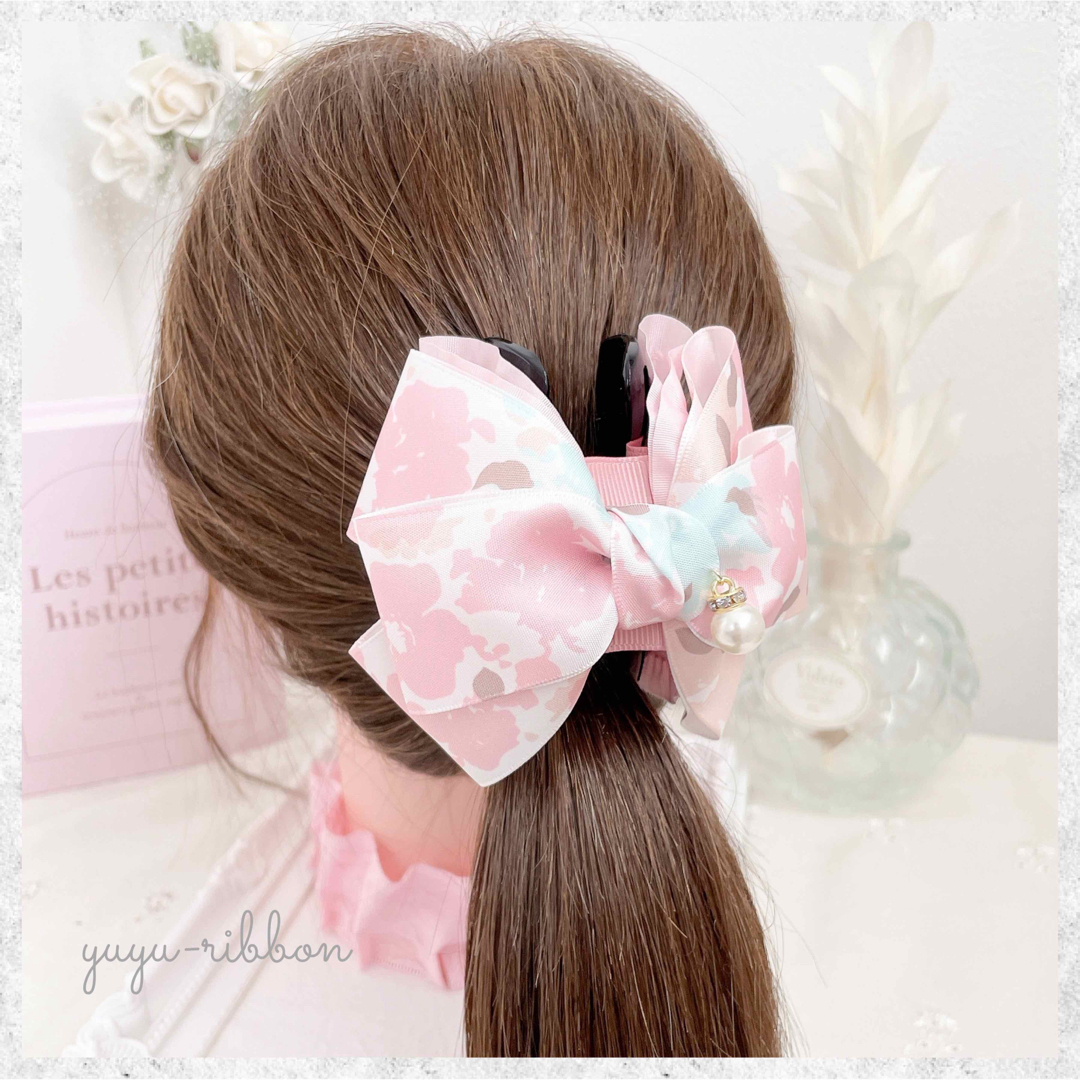 ハンドメイド リボンバンスクリップ 花柄 ピンク系 大きめ 上品 ハンドメイド リボンバンスクリップ 花柄 ピンク系 大きめ 上品