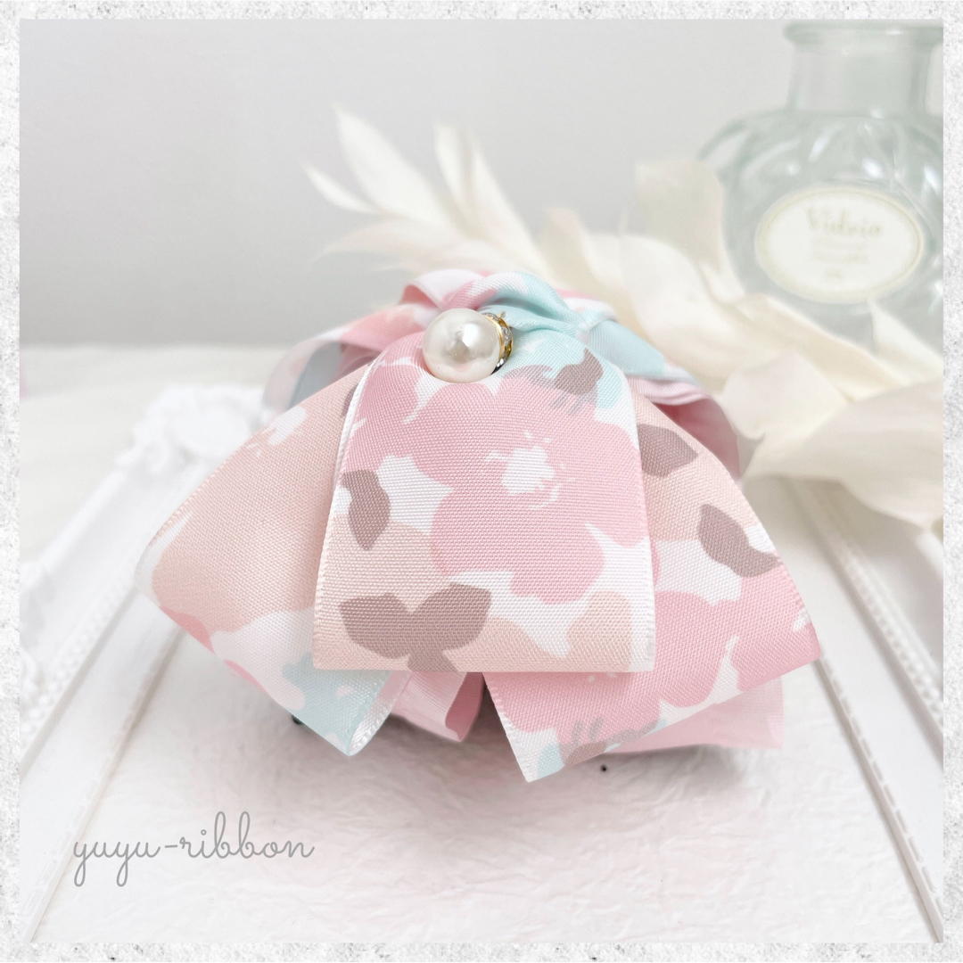ハンドメイド リボンバンスクリップ 花柄 ピンク系 大きめ 上品 ハンドメイド リボンバンスクリップ 花柄 ピンク系 大きめ 上品