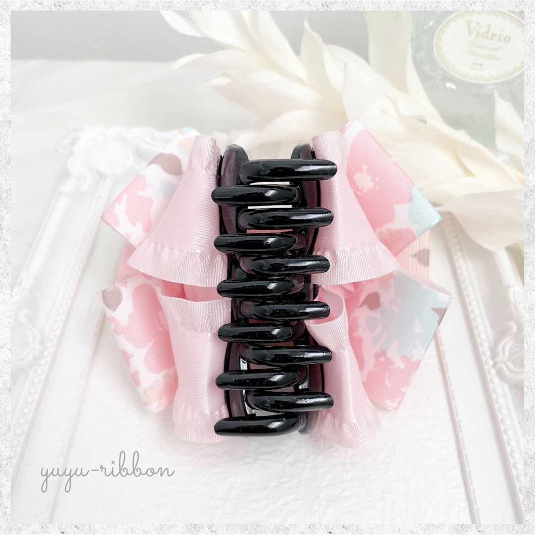 ハンドメイド リボンバンスクリップ 花柄 ピンク系 大きめ 上品 ハンドメイド リボンバンスクリップ 花柄 ピンク系 大きめ 上品