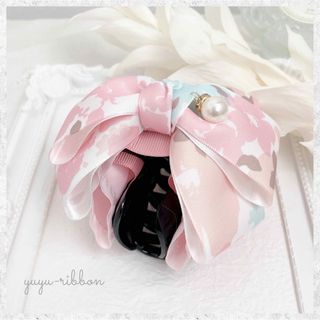 ハンドメイド リボンバンスクリップ 花柄 ピンク系 大きめ 上品 ハンドメイド リボンバンスクリップ 花柄 ピンク系 大きめ 上品