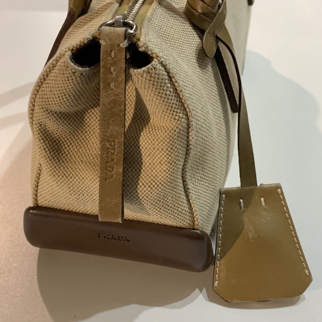 PRADA - PRADA プラダ ハンドバッグ レザー キャンバス ブラウン PRADA - PRADA プラダ ハンドバッグ レザー キャンバス ブラウン