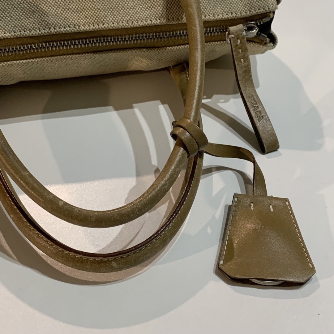 PRADA - PRADA プラダ ハンドバッグ レザー キャンバス ブラウン PRADA - PRADA プラダ ハンドバッグ レザー キャンバス ブラウン