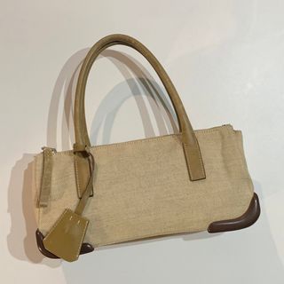 PRADA - PRADA プラダ ハンドバッグ レザー キャンバス ブラウン PRADA - PRADA プラダ ハンドバッグ レザー キャンバス ブラウン