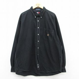 トミーヒルフィガー(TOMMY HILFIGER)のXL★古着 トミーヒルフィガー TOMMY HILFIGER 長袖 ブランド シャツ メンズ 90年代 90s ワンポイントロゴ オックスフォード 大きいサイズ ロング丈 コットン ボタンダウン 黒 ブラック 【spe】 25apr10 中古 トップス(シャツ)