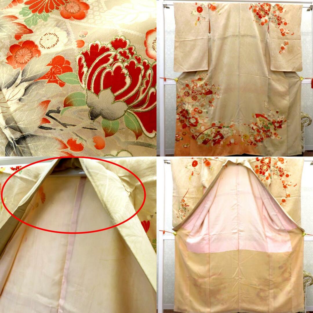 訪問着 昔 アンティーク 昔着物 ベージュ 多色 金彩 金コマ刺繍 訪問着 昔 アンティーク 昔着物 ベージュ 多色 金彩 金コマ刺繍