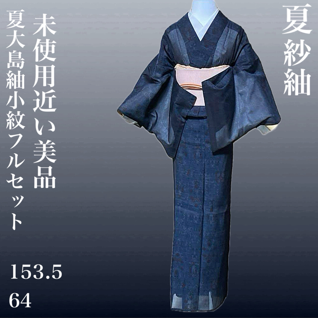 夏大島紬小紋フルセット4点 美品紗紬着物+正絹羅名古屋帯+ 夏大島紬小紋フルセット4点 美品紗紬着物+正絹羅名古屋帯+