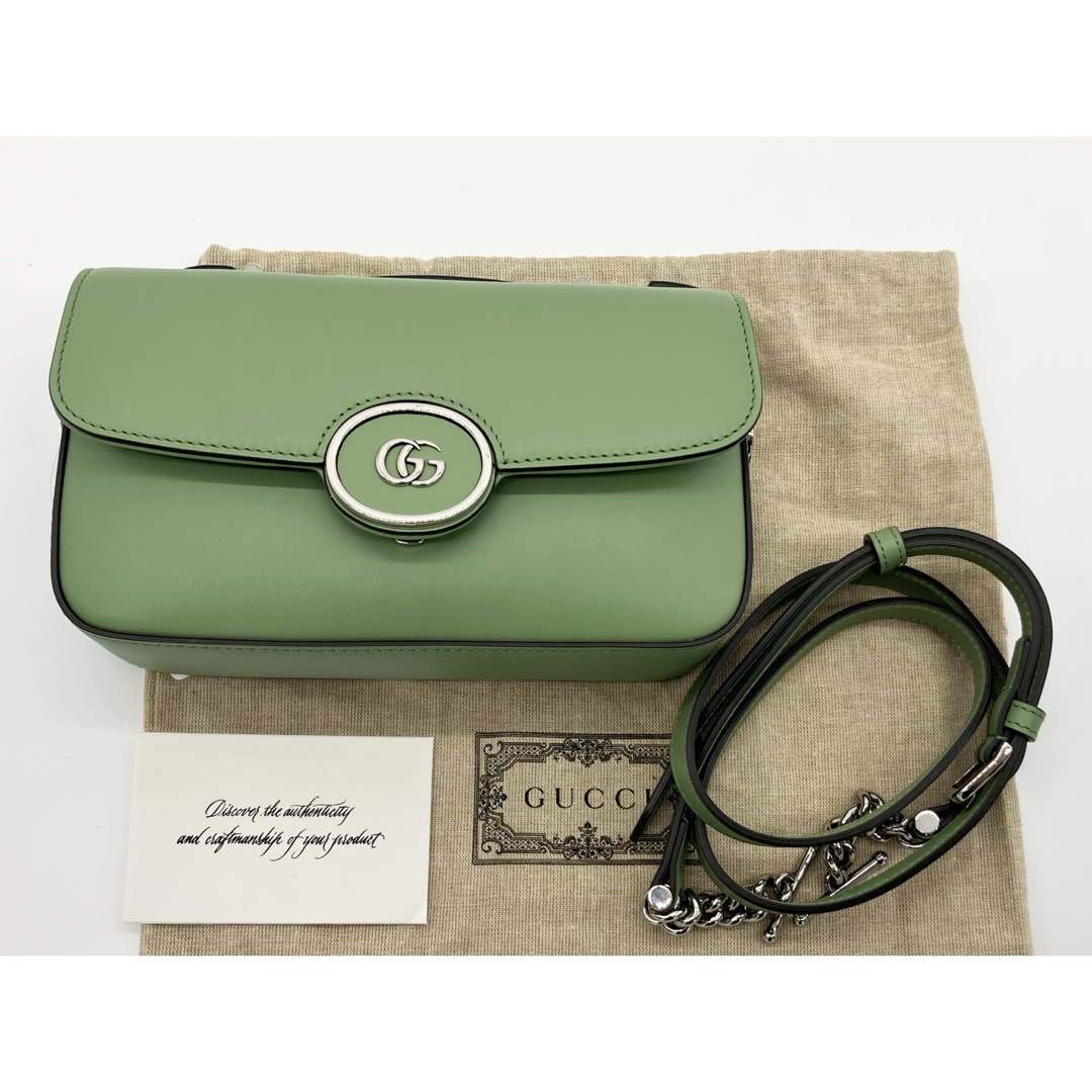 GUCCI - GUCCI プチGG レザー 2way ショルダーバッグ グリーンの GUCCI - GUCCI プチGG レザー 2way ショルダーバッグ グリーンの