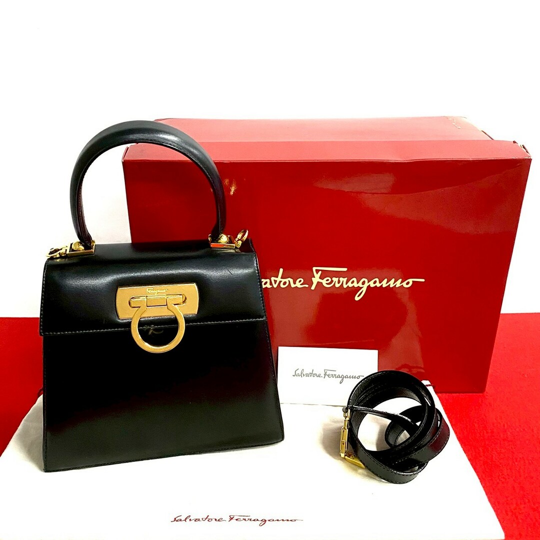 極 美品 箱 袋付 Salvatore Ferragamo サルヴァトーレフェラガモ ガンチーニ カーフ レザー 2way ハンドバッグ ショルダーバッグ 黒 40-10