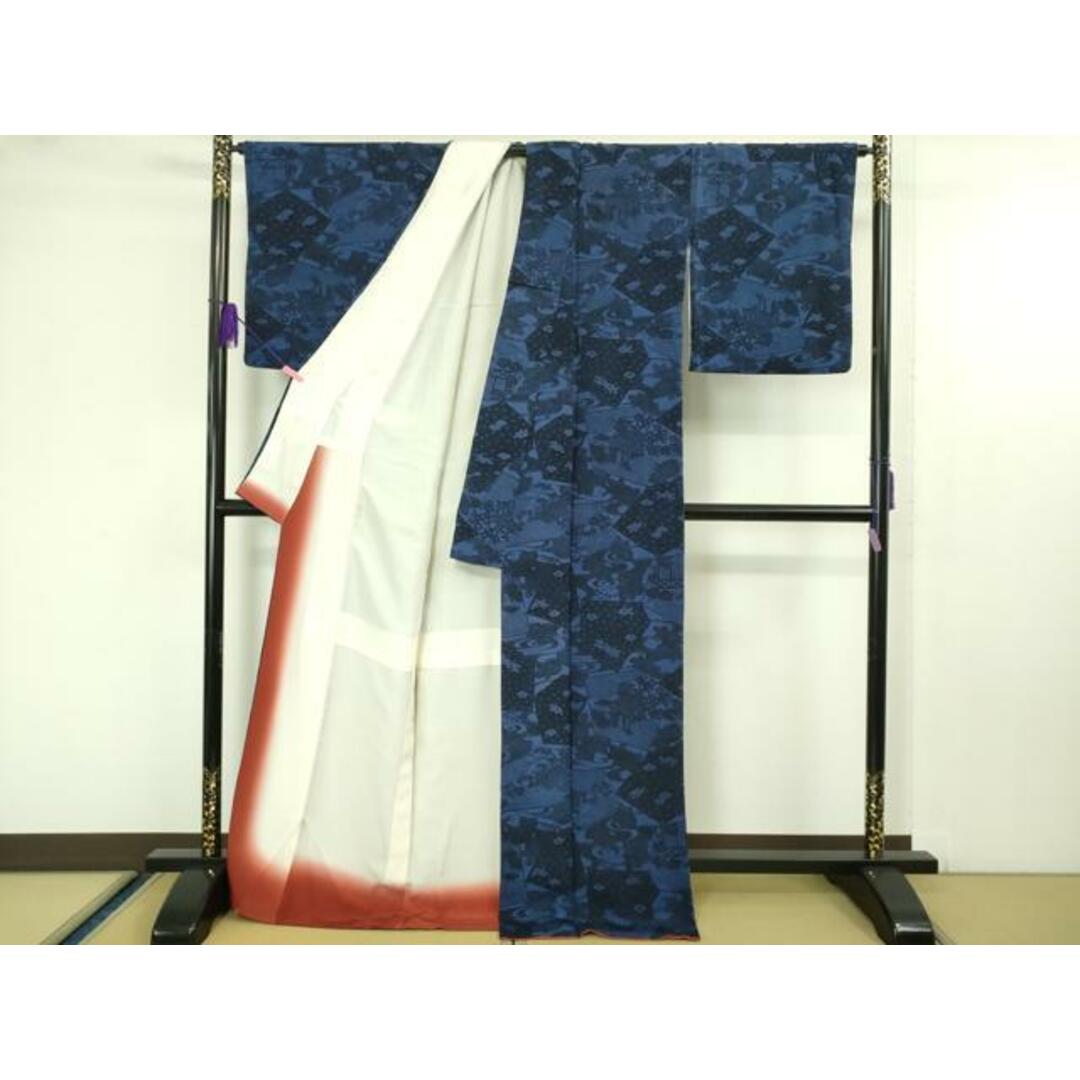 平和屋着物□本藍 型絵染 小紋 御所車流水花文 鬼しぼ縮緬 平和屋着物□本藍 型絵染 小紋 御所車流水花文 鬼しぼ縮緬