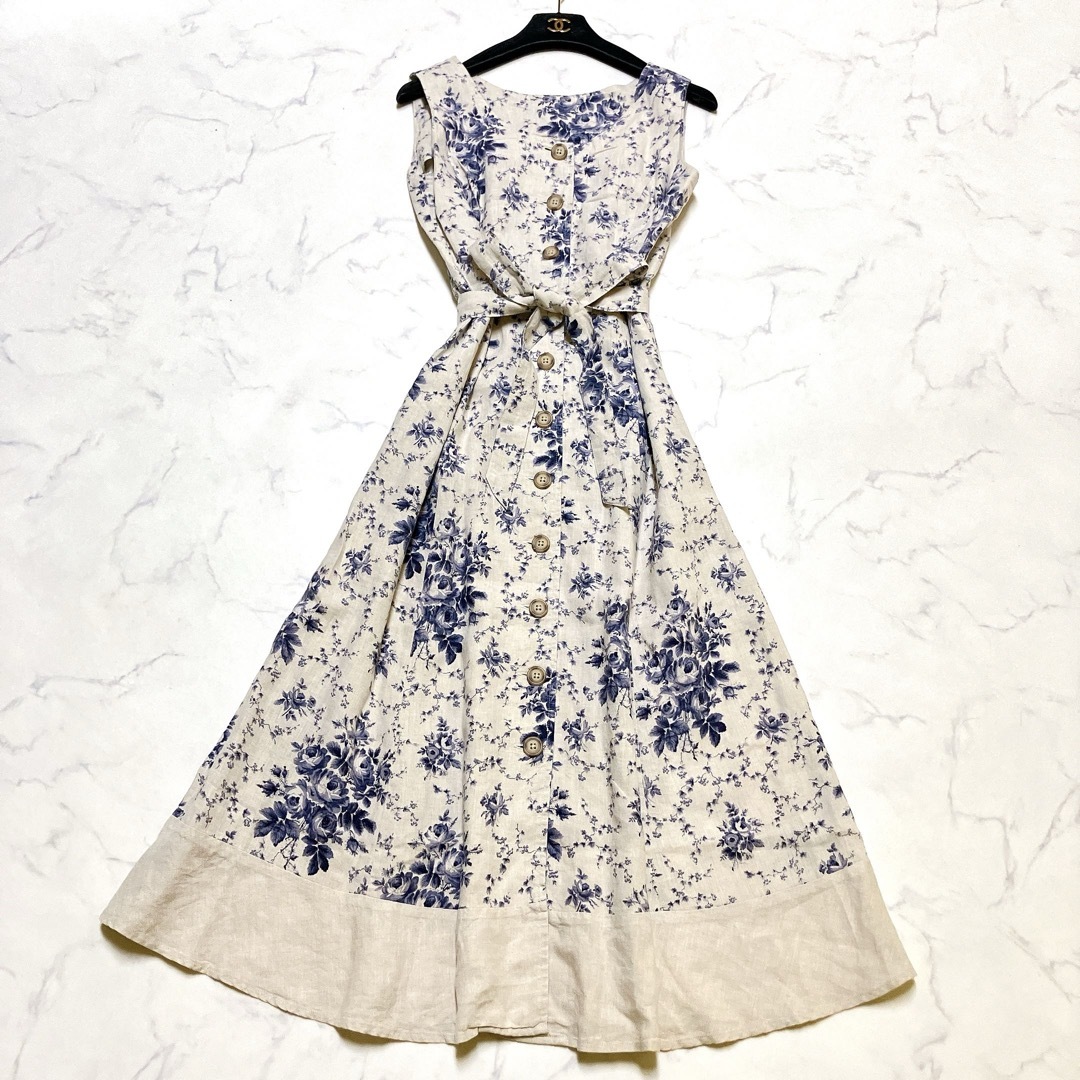 ローラアシュレイ○マキシ丈/着丈123cm○総花柄ベルテッドフレア