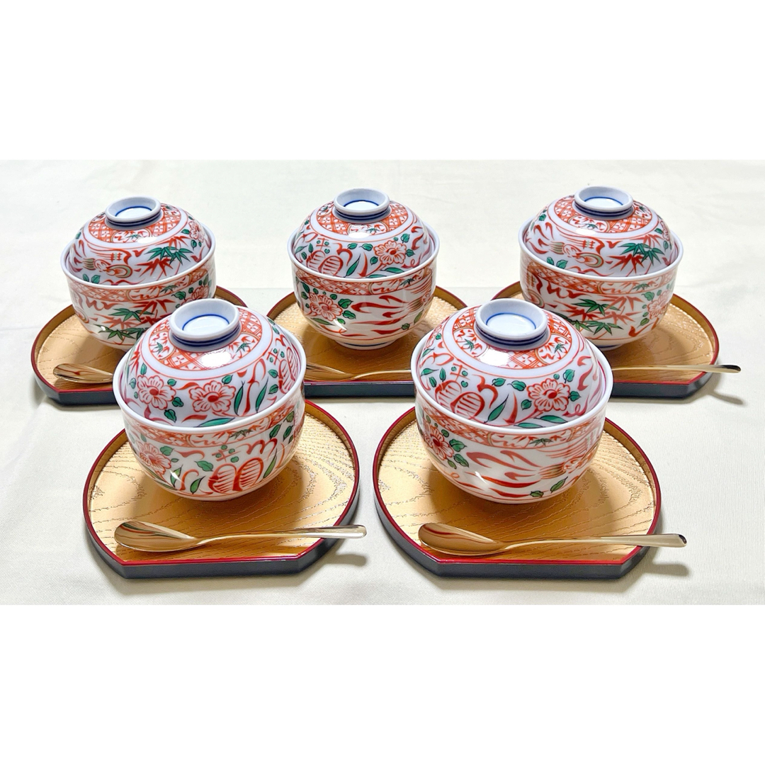有田焼 喜峰窯 赤絵花竹鳥文 蓋付き碗＆漆器半月皿＆スブ－ン