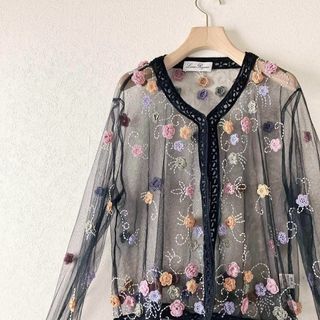 VINTAGE - 花柄 レース 刺繍 カーディガン ビーズ刺繍 VINTAGE - 花柄 レース 刺繍 カーディガン ビーズ刺繍