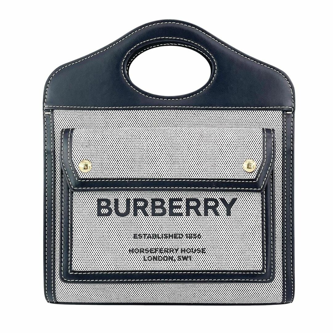 BURBERRY - 【中古】 BURBERRY バーバリー 8039361 ミニポケットバッグ ツートンカラー 黒 白 ブラウン ハンドバッグ ストラップ欠品 キャンバス素材  24018669 MK