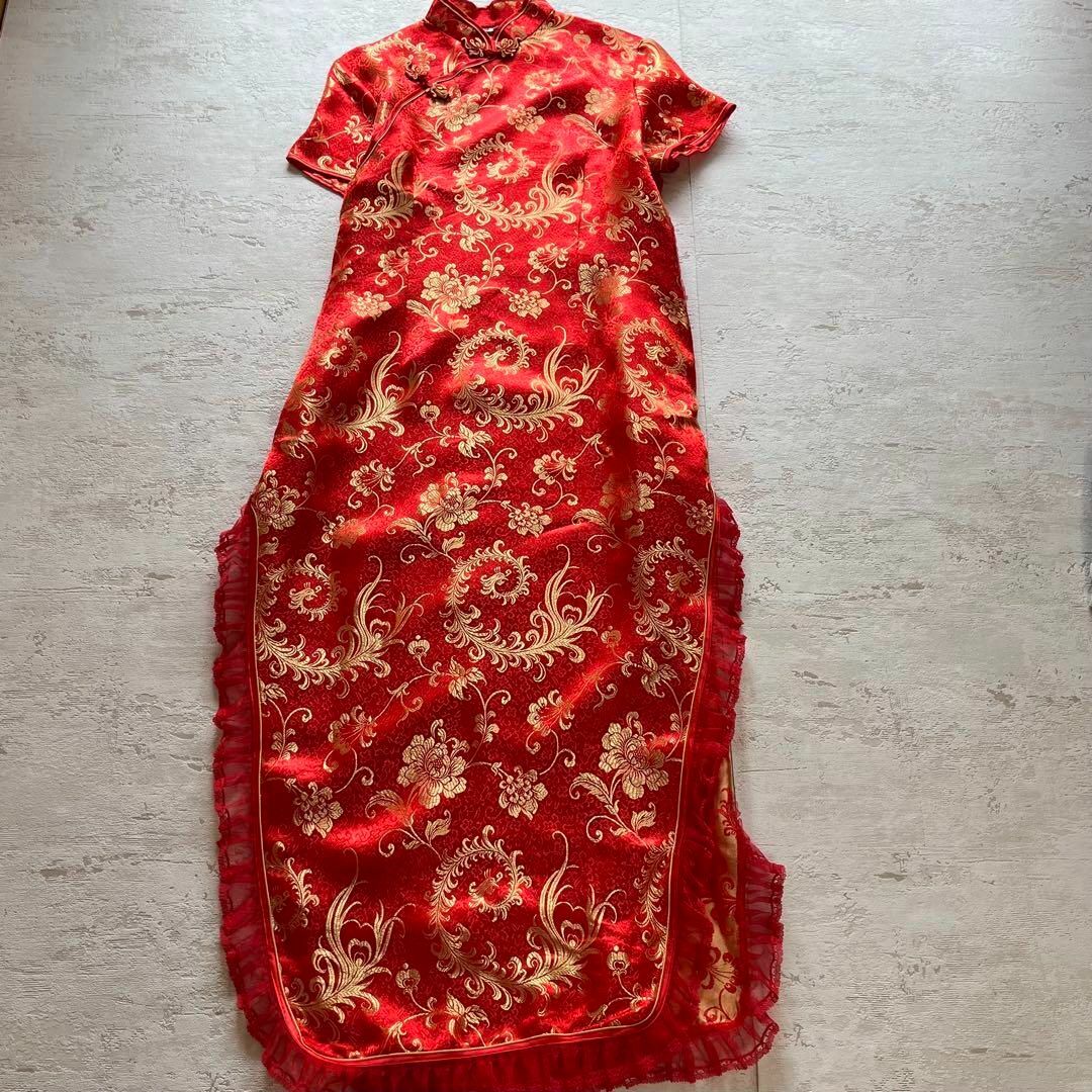 VINTAGE - チャイナドレスフリル付き派手柄ゆったりサイズロング VINTAGE - チャイナドレスフリル付き派手柄ゆったりサイズロング