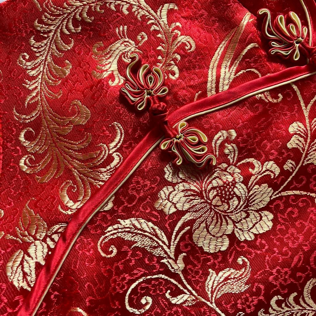 VINTAGE - チャイナドレスフリル付き派手柄ゆったりサイズロング VINTAGE - チャイナドレスフリル付き派手柄ゆったりサイズロング