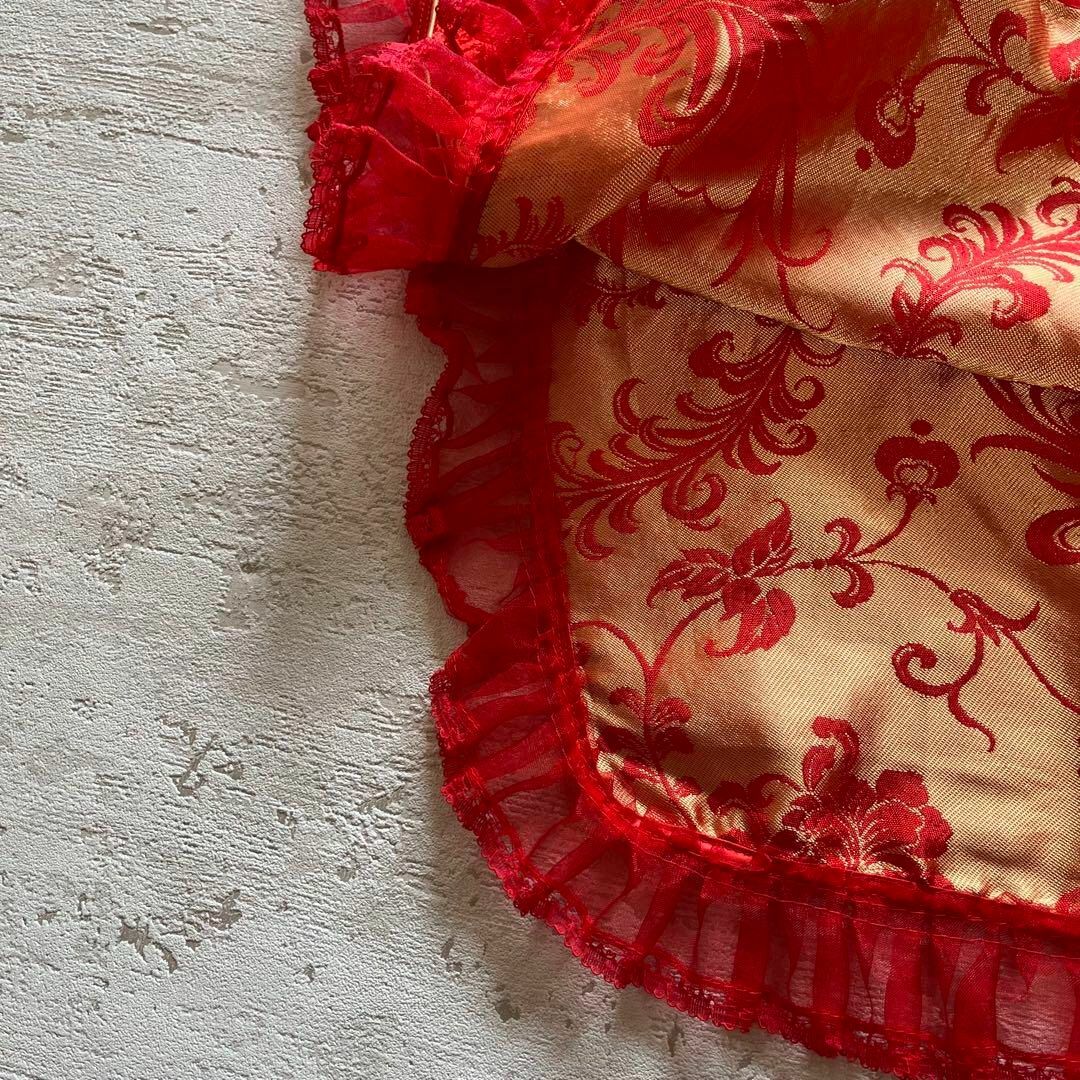 VINTAGE - チャイナドレスフリル付き派手柄ゆったりサイズロング VINTAGE - チャイナドレスフリル付き派手柄ゆったりサイズロング