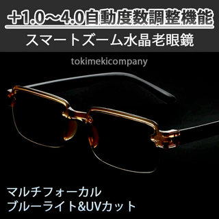 【+1.0～4.0 自動調節】ピントグラス 水晶 スマートズーム 黒茶 オシャレ(サングラス/メガネ)