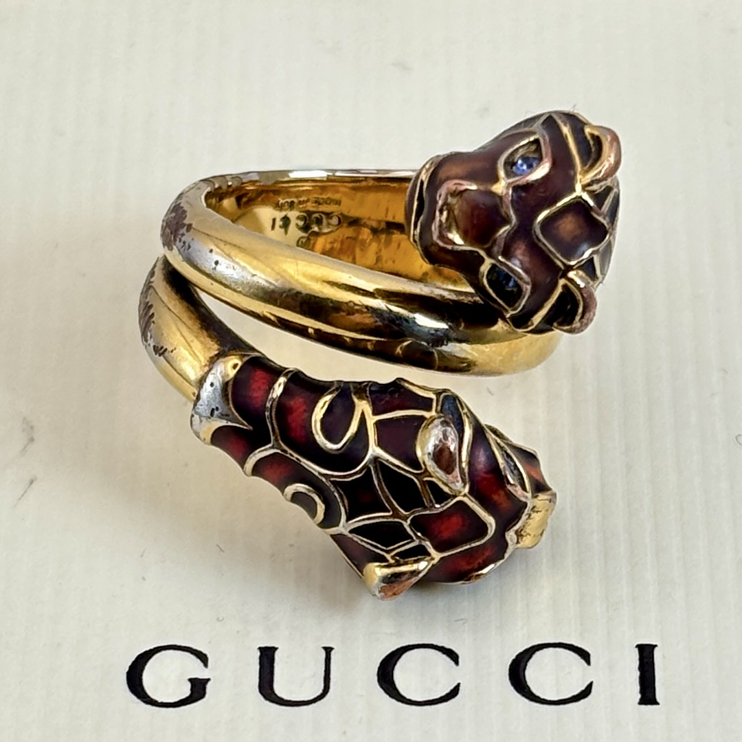 GUCCI - GUCCI ダブルタイガーヘッド ブルーアイ ゴールドリング GUCCI - GUCCI ダブルタイガーヘッド ブルーアイ ゴールドリング