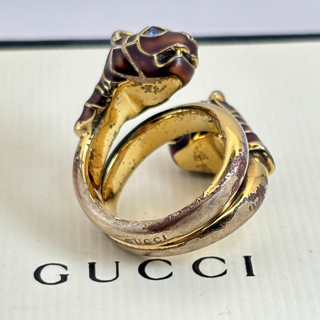 GUCCI - GUCCI ダブルタイガーヘッド ブルーアイ ゴールドリング GUCCI - GUCCI ダブルタイガーヘッド ブルーアイ ゴールドリング