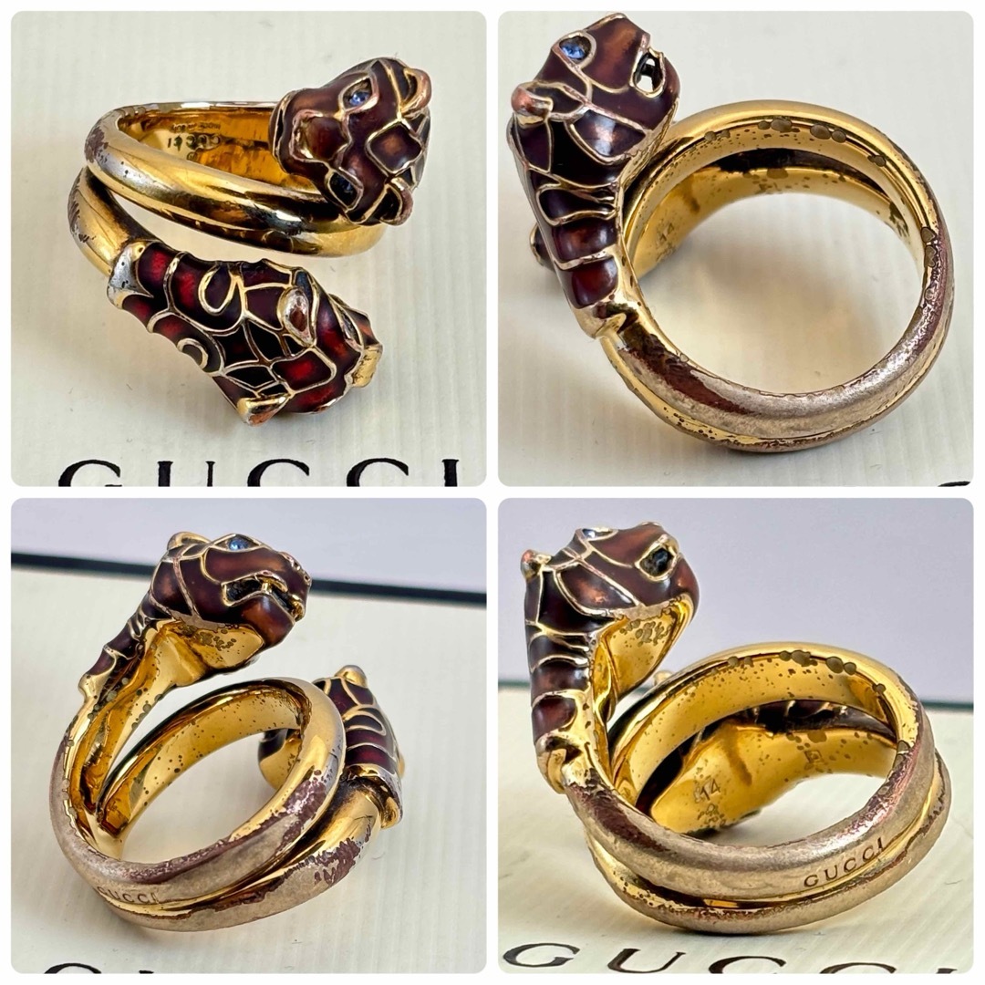 GUCCI - GUCCI ダブルタイガーヘッド ブルーアイ ゴールドリング GUCCI - GUCCI ダブルタイガーヘッド ブルーアイ ゴールドリング
