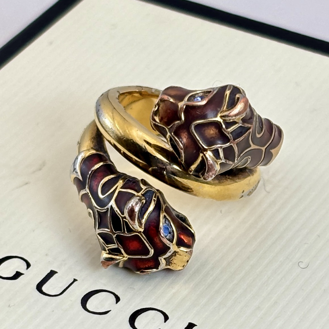 GUCCI - GUCCI ダブルタイガーヘッド ブルーアイ ゴールドリング GUCCI - GUCCI ダブルタイガーヘッド ブルーアイ ゴールドリング
