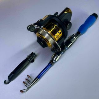 １ｍコンパクトロッド　リールセット　ライン付き　短竿　青　ブルー　穴釣り　根魚(ロッド)