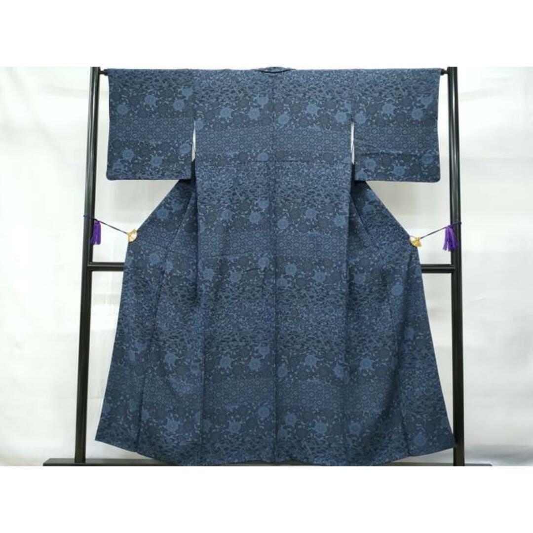 平和屋着物□上質な小紋 藍 型染め 菊花唐草文 正絹 逸品 平和屋着物□上質な小紋 藍 型染め 菊花唐草文 正絹 逸品