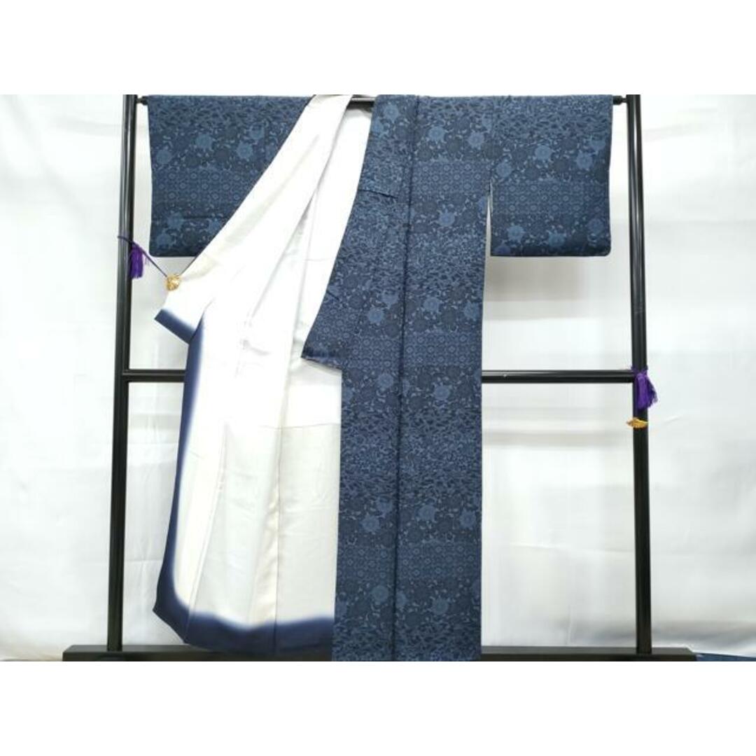 平和屋着物□上質な小紋 藍 型染め 菊花唐草文 正絹 逸品 平和屋着物□上質な小紋 藍 型染め 菊花唐草文 正絹 逸品