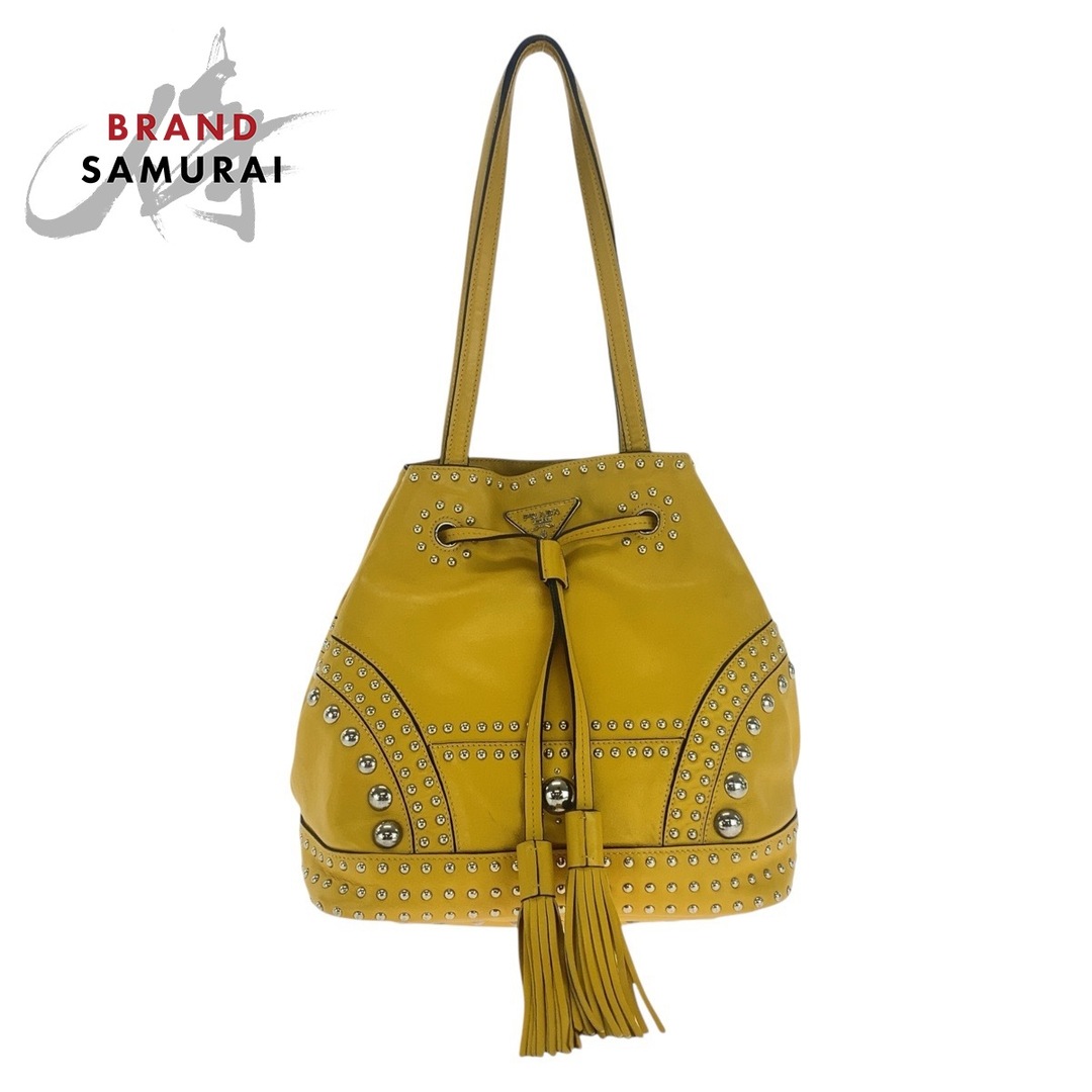 PRADA - PRADA プラダ 三角ロゴプレート イエロー シルバー金具 PRADA - PRADA プラダ 三角ロゴプレート イエロー シルバー金具