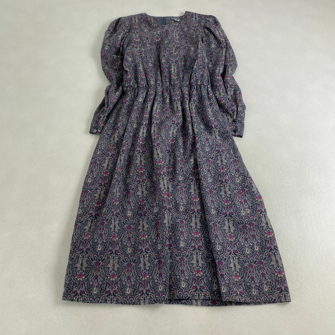 VINTAGE - ヴィンテージ　ワンピース　ロング　長袖　パフスリーブ　柄　レトロ　古着　M L