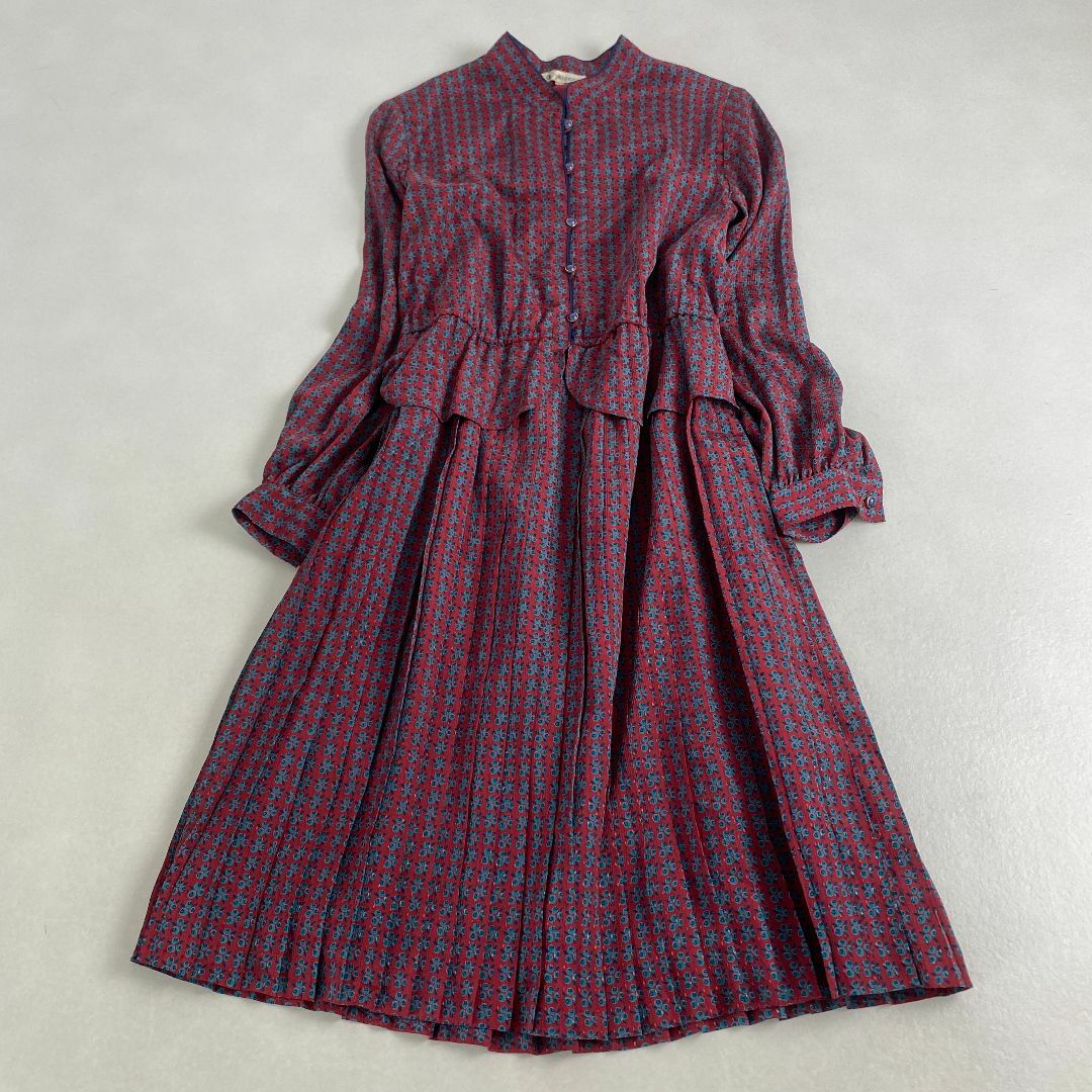 VINTAGE - ヴィンテージ　ワンピース　ロング　長袖　フリル　柄　赤　かわいい　レトロ　9号
